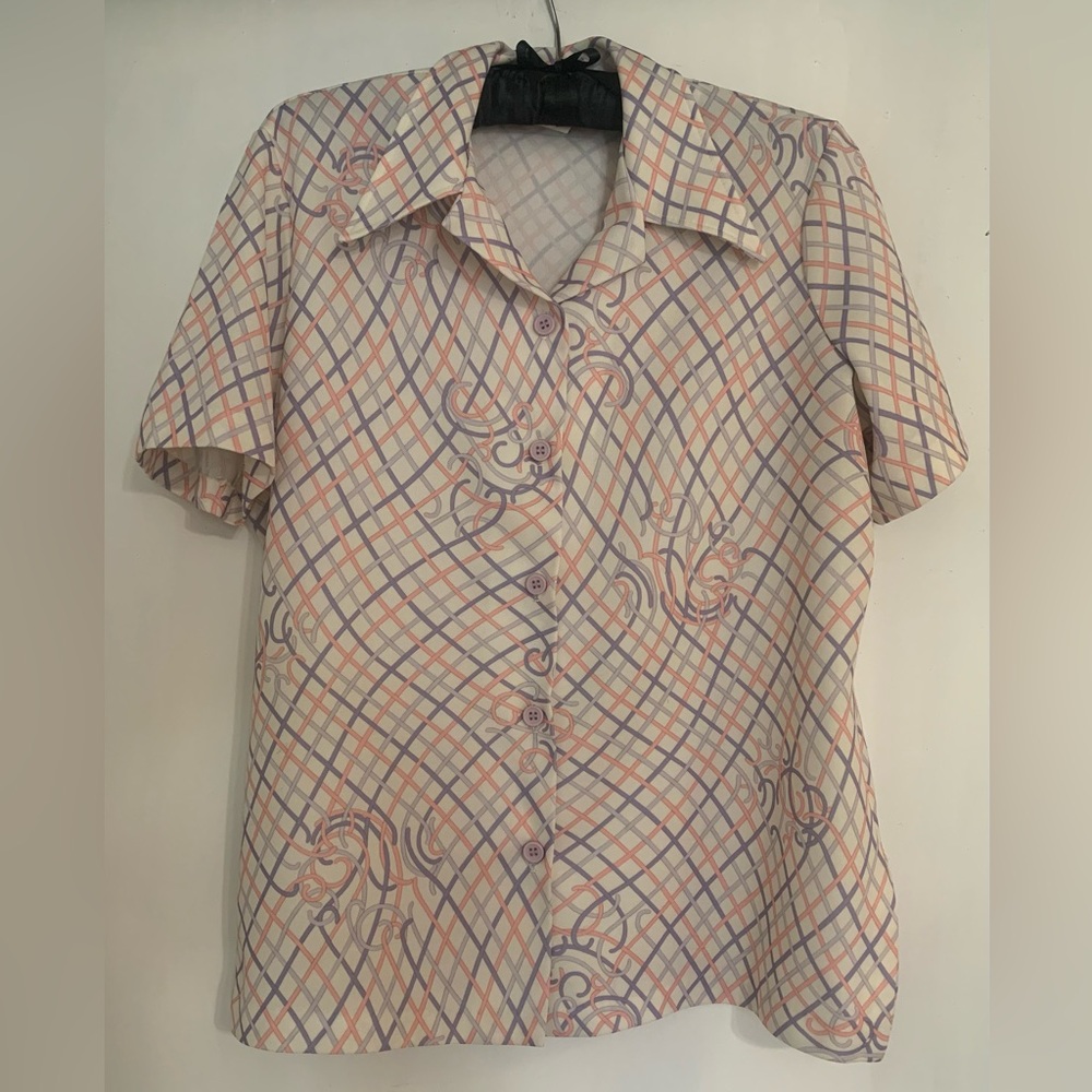 Funky Vintage 70s Women's Button Down Polyester Top in Ivory, Purple, and Peach